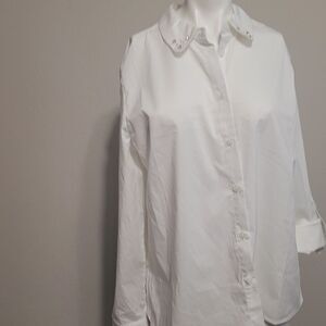 NEW Como Black large blouse polo button front collar sheer rhinestone jem